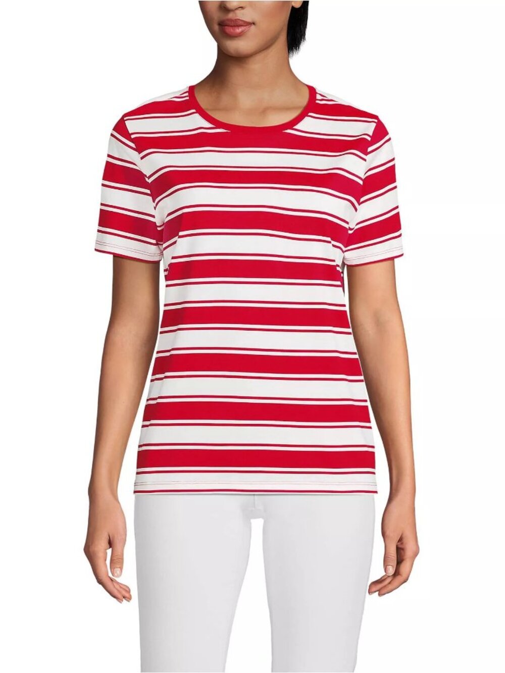 NWT Lands End Sz LP Supima Cotton Crewneck Top Tee Compass Red Sail Stripes SS